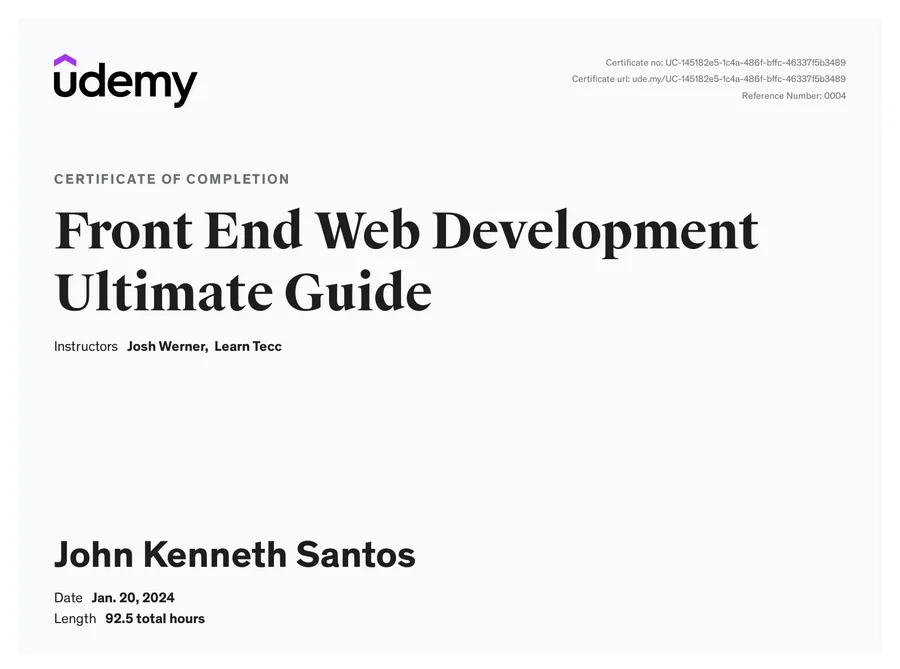 Front End Web Development Ultimate Guide certificate issued by Udemy