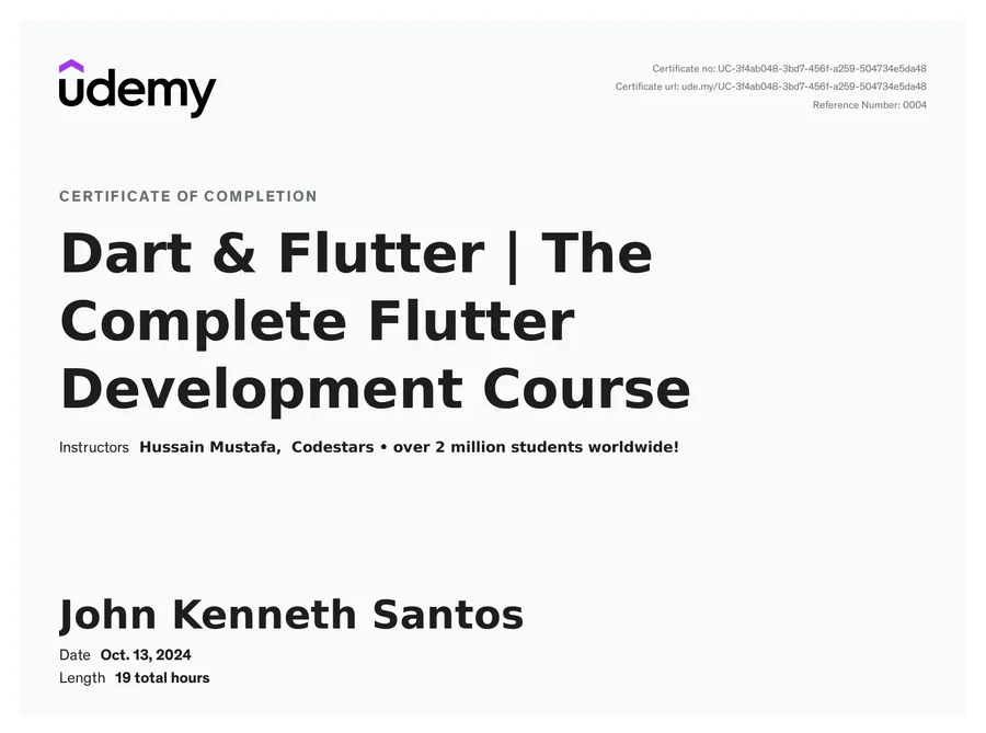 Dart & Flutter: The Complete Flutter Development Course certificate issued by Udemy