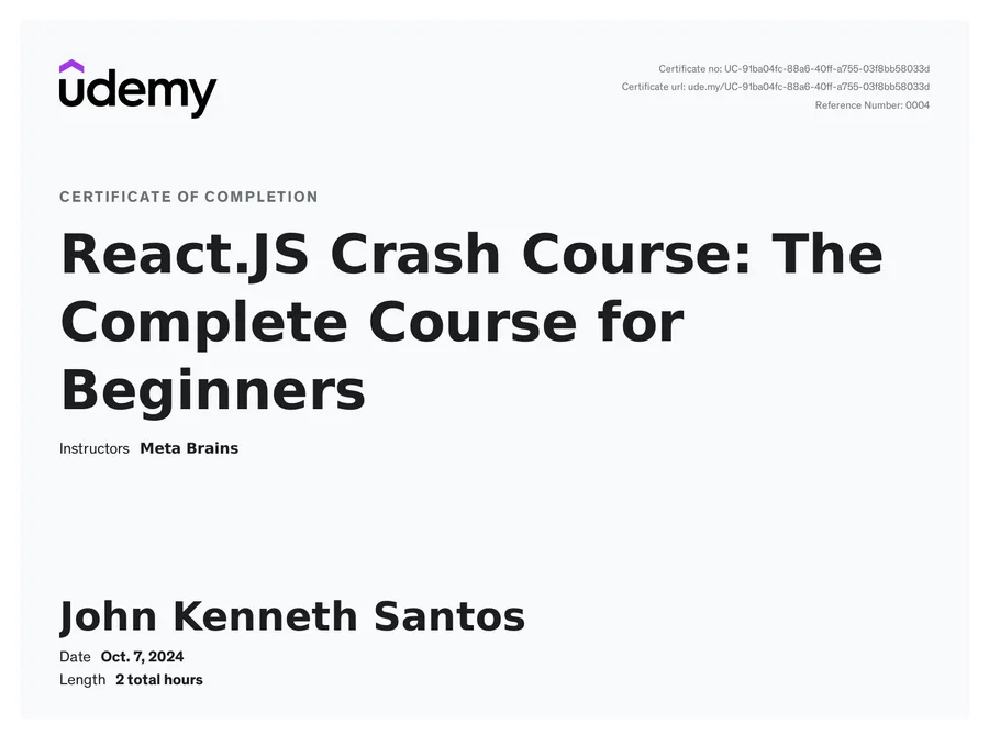 React JS Course: The Complete Course for Beginners certificate issued by Udemy