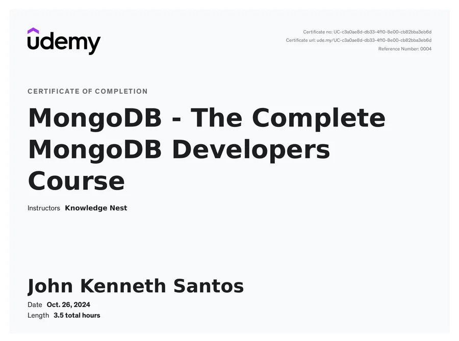 MongoDB - The Complete MongoDB Developers Course certificate issued by Udemy