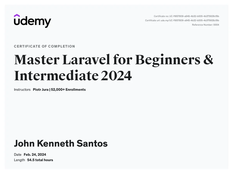 Master Laravel for Beginners & Intermediate 2024 certificate issued by Udemy