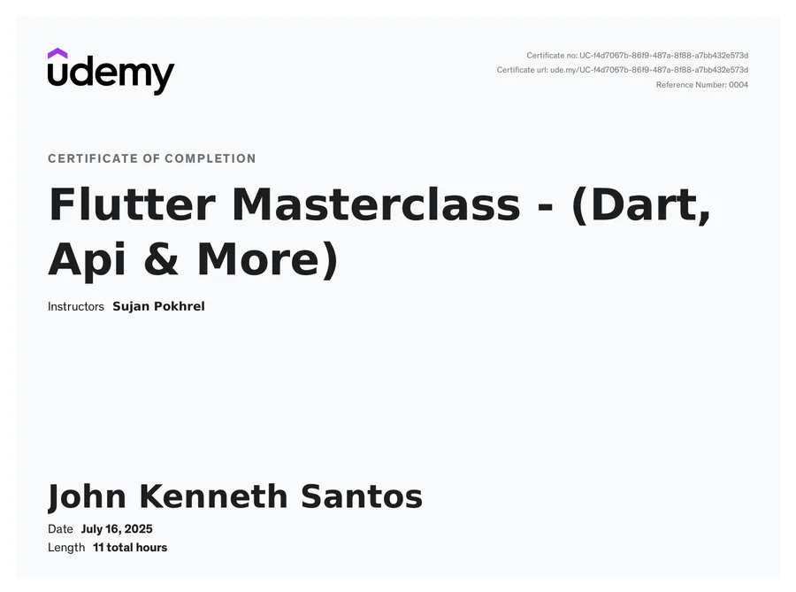 Flutter Masterclass - (Dart, Api & More) certificate issued by Udemy